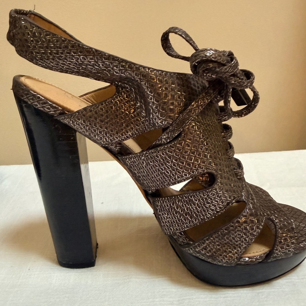 Coach Moreen Platform Sandals 6B Bronze Snakeskin Lace Up Block Heel Q1271